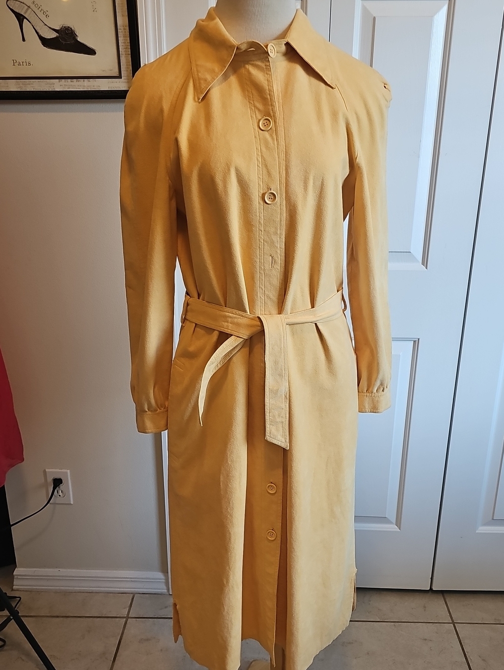 Vintage Ultra Suede Women's Mustard Shirt Dress with Waist Tie Size 12.